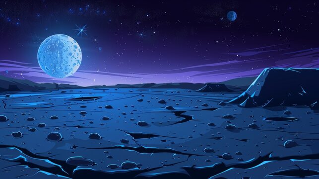 The landscape of an alien planet is dotted with cracks and craters. This modern illustration depicts the blue galaxy sky with gas giants and the moon and the ground surface below with mountains.