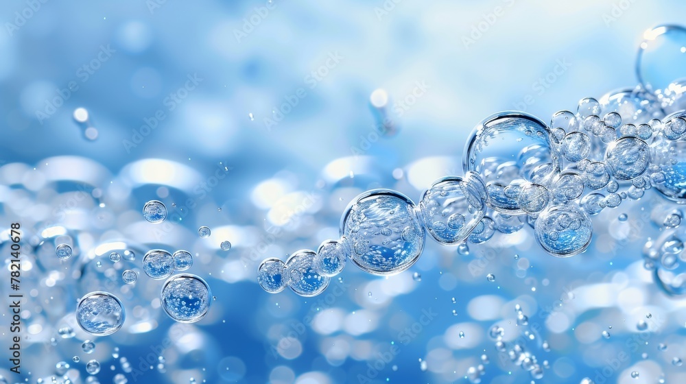 Poster a transparent aqua background with randomly moving fizzing moisture drops, realistic 3d modern image