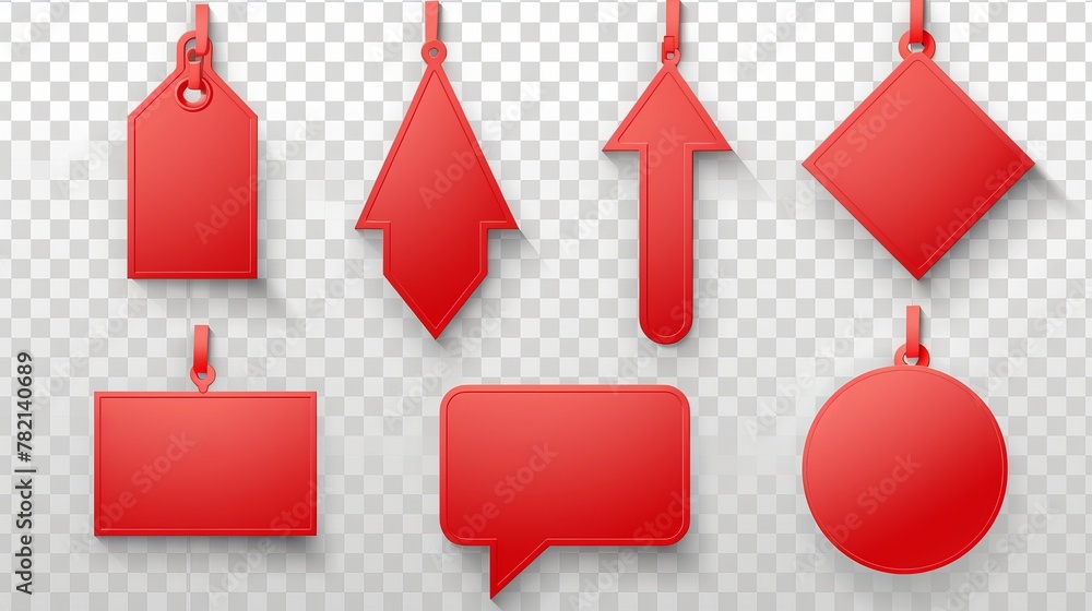 Poster mockup of red wobblers on transparent background. round, square, triangle and arrow shape price tags
