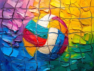 Colorful abstract of a volleyball beach ball, palette knife oil painting, on a vivid background, with dynamic highlights and strong, dramatic lighting