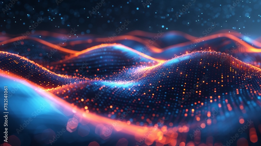Poster digital art of a blue and red neon particle wave, simulating a dynamic and futuristic landscape.