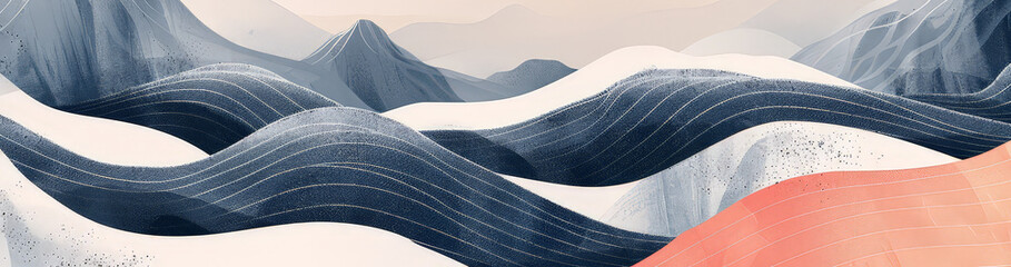 A painting of a mountain range with a blue and white wave in the foreground - obrazy, fototapety, plakaty