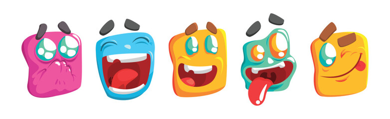 Funny Colorful Square Faces and Grimace Vector Set