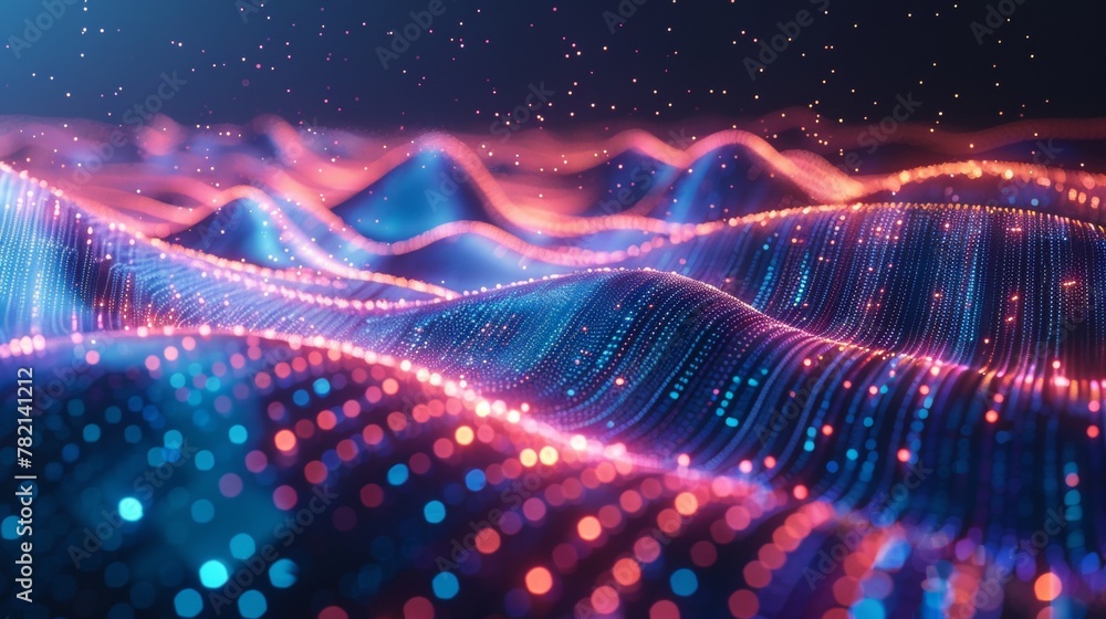 Poster digital art of a blue and red neon particle wave, simulating a dynamic and futuristic landscape.