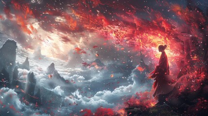 A woman stands on a mountain peak in a galactic landscape