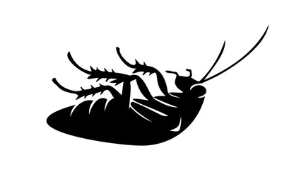 Black silhouette of dead cockroach lying on its back on white backdrop. Vector illustration. Good for pest control service ads, hygiene educational content, product labels for insecticides. Print - obrazy, fototapety, plakaty