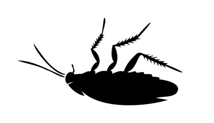 Black silhouette of dead cockroach lying on its back on white background. Vector illustration. Good for pest control service ads, hygiene educational content, product labels for insecticides. © Jafree