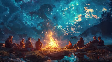 Campfire storytelling, Depict campers gathered around a crackling campfire, sharing stories and laughter under the night sky
