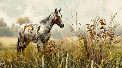Ein Pferd steht auf der Wiese  - obrazy, fototapety, plakaty
