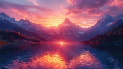 Sunrise in the mountains, Capture the first light of dawn breaking over majestic mountain peaks, casting a warm glow on the landscape