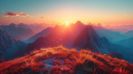 Sunrise in the mountains, Capture the first light of dawn breaking over majestic mountain peaks,...