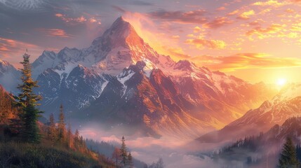 Sunrise in the mountains, Capture the first light of dawn breaking over majestic mountain peaks, casting a warm glow on the landscape - obrazy, fototapety, plakaty