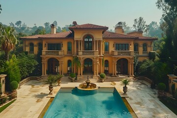 Opulent LA Mansion Overlooking Cityscape. Concept Luxury Estate, Los Angeles, Skyline Views,...