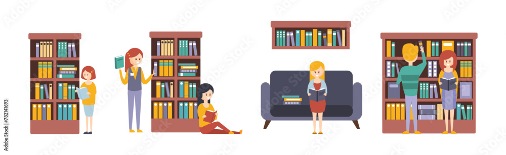 Poster library and bookstore with people character reading choosing book vector set