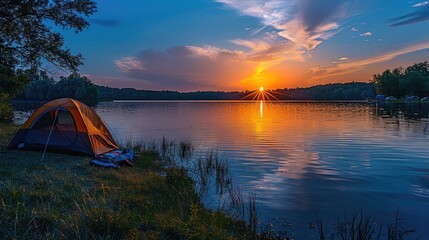 Sunset over the lake, Photograph a picturesque sunset reflecting off the calm surface of a lake, with a camping site