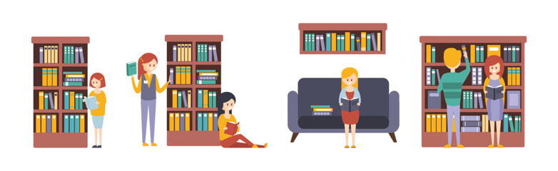 Library and Bookstore with People Character Reading Choosing Book Vector Set - 782141693
