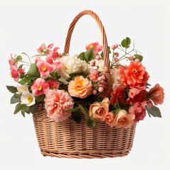 Lots of red and pink flowers in a basket on a white background	