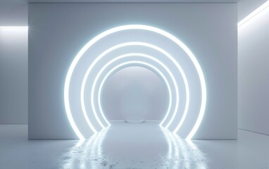 A surreal, futuristic tunnel composed of concentric neon rings, creating a mesmerizing and ethereal atmosphere.