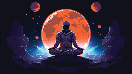 Sitting astronaut on moon and space yoga meditation