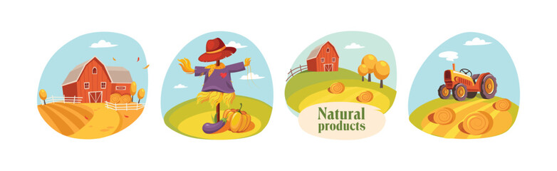 Farm Natural Product with Barn House, Hay Field, Tractor and Vegetables Vector Set - 782141853