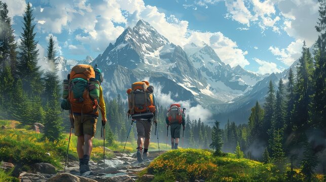 Backpacking expedition, Illustrate backpackers trekking through remote wilderness