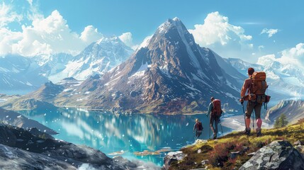 Fototapeta premium Adventure hike, Showcase adventurers hiking through rugged terrain, crossing streams, and climbing mountains