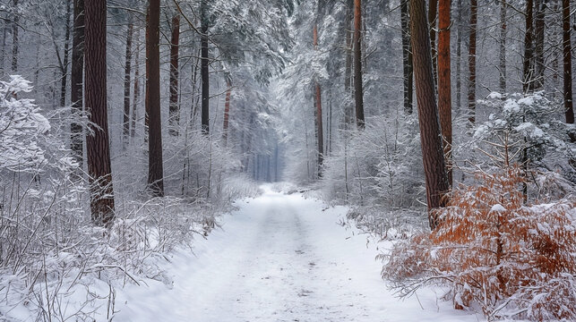 Winter snowy path trail through through the forest, Winter road through a snow-covered forest