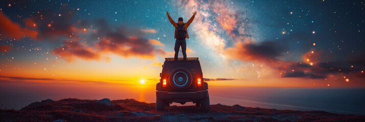 happy male traveler stands on roof SUV on background of starry sky in morning at sunrise - obrazy, fototapety, plakaty