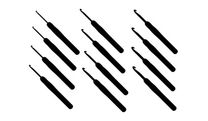Crochet hook illustration set. Different size crochet hooks. Vector black silhouette.