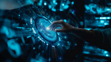 Finger touching on virtual screen with futuristic technology background, digital transformation. Digital technology, internet network connection concept.
