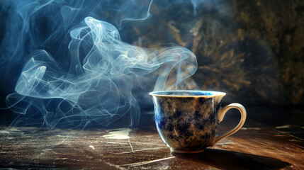 Hot coffee with smoke floating on the wooden table in the morning generative AI