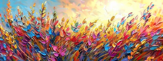 Radiant Sunrise over Colorful Wildflower Field: Vivid Impasto Technique Painting - obrazy, fototapety, plakaty