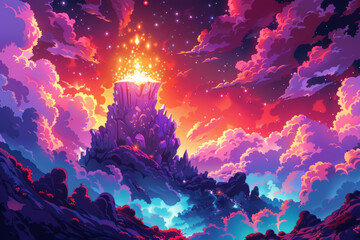 A digital painting of a fantasy landscape. There is a large mountain in the center of the image, with a glowing crater at the top. The sky is a vibrant mix of oranges, pinks, and purples, with clouds