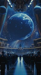 A diplomatic mission, a space squad in formal uniforms presenting credentials to alien ambassadors in a grand off world assembly hall - obrazy, fototapety, plakaty