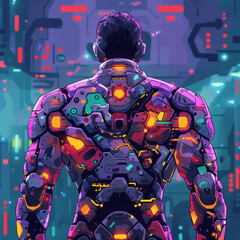 A man in a futuristic suit of armor stands in a dark room.
