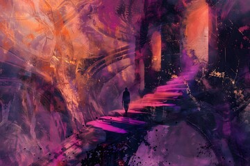 A man is walking down a long, narrow staircase in a purple and orange room. The room is filled with splatters of paint, giving it a chaotic and surreal atmosphere