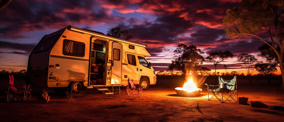 Outback Evening Retreat: Cozy Campervan Scene with Crackling Fire