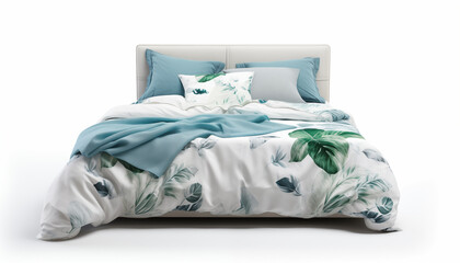 White and green bedding with tropical leaves pattern isolated on white background 3D rendering