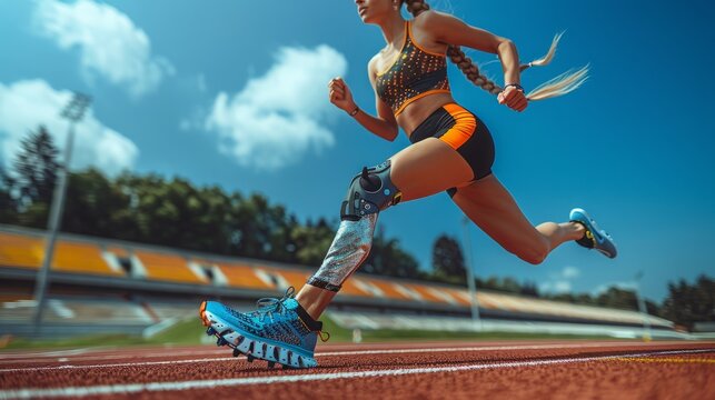 Athlete with Prosthetic Leg Running on Track