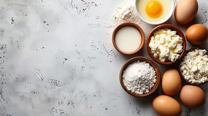 Foto op Canvas Top view of baking ingredients with eggs, flour, milk, and cottage cheese on a textured white background with copy space. © amixstudio