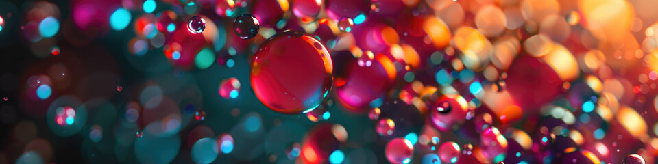 Vibrant droplets adorn a surface, backlit by a blur of multicolored lights