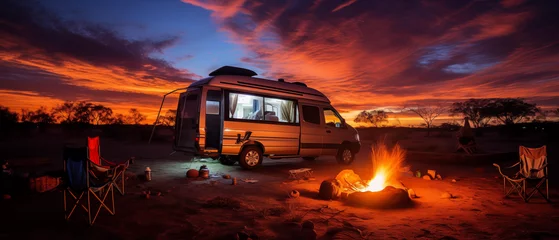 Papier Peint photo Bordeaux Campervan Under Majestic Sunset Sky with Campfire and Chairs