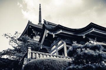 Black and white image of temple in Kyoto, Japan