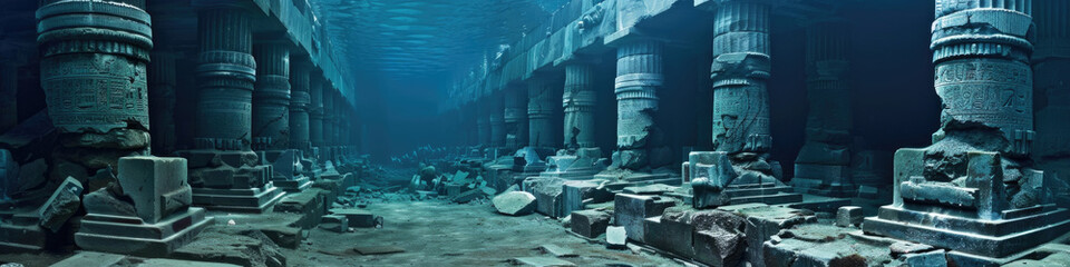 An underwater city featuring numerous columns, creating a mesmerizing sight beneath the waters surface