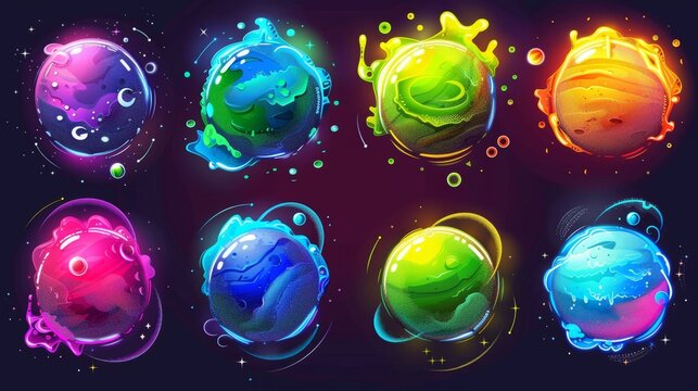 The pictures show magic fantastic worlds, cosmic objects of different colors with bubbles, holes, and spirals in a space game. Cute planets and moons collection in modern form.