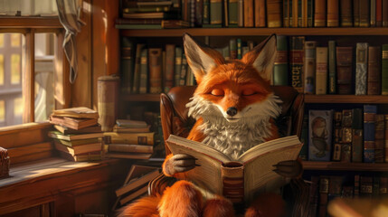 Obraz premium A fox is seated in a chair, engrossed in reading a book in library