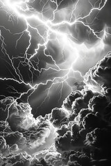 A black and white portrayal of a powerful lightning storm illuminating the night sky with jagged bolts of electricity