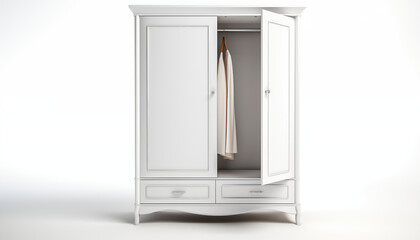 3D rendering of a classic white wooden wardrobe with two doors and two drawers isolated on a white background