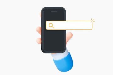 3D Hand holding phone with yellow search bar. Navigation search for browser. Smartphone with website. Find information online. SEO internet marketing. Cartoon design icon isolated on white background