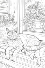 Black and white drawing of a cat perched on a window sill